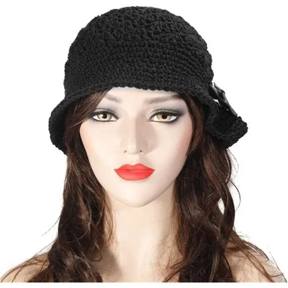 Women Winter Crochet Bucket Hat Bow Black